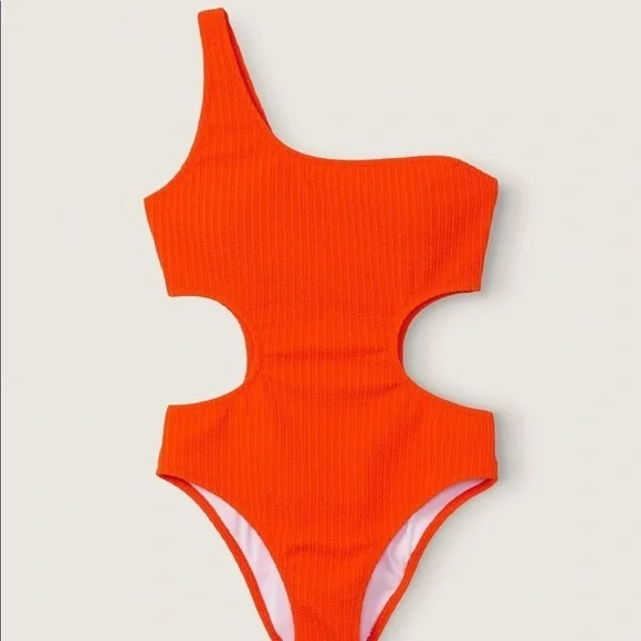PINK one piece ribbed swimsuit bright orange​​​​​ - Picture 3 of 4